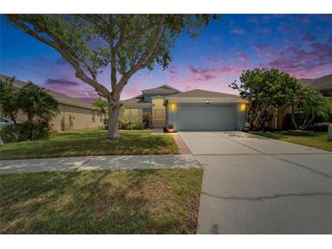 Charming single-story home featuring a well-manicured lawn, mature trees, and a two-car garage under a colorful dusk sky at 1040 Summer Breeze Dr, Brandon, FL 33511