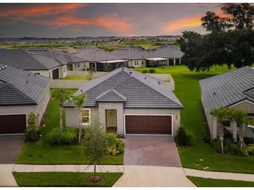 Beautiful aerial view of a home with lush green lawn and mature trees in a quiet neighborhood at 10446 Tupper Cay Dr, San Antonio, FL 33576