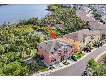 An aerial view shows a townhome near a beautiful lake surrounded by trees at 4624 Willet Cooper Ct, Tampa, FL 33619