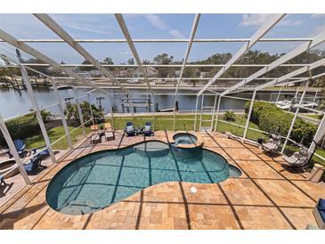 Screened-in pool with a water view, attached jacuzzi, and outdoor seating at 3931 Pompano Se Dr, St Petersburg, FL 33705