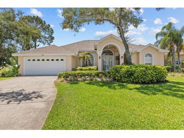 Charming single-story home with a manicured lawn, mature trees, and an attached two-car garage at 731 Waterside Ct, Tarpon Springs, FL 34689