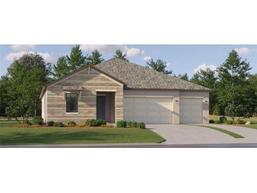 Charming single-story home with a two-car garage, stone facade, and well-manicured lawn, inviting and full of curb appeal at 9590 Runaway Breeze Dr, Land O Lakes, FL 34637