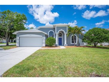 Charming single-story home with a well-manicured lawn, blue door, and attached two-car garage at 4761 Stoneview Cir, Oldsmar, FL 34677