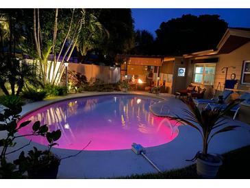 Inviting backyard pool and patio with stylish outdoor furniture and lush landscaping create a private oasis at 101 Madonna Blvd, St Petersburg, FL 33715