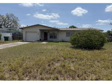 Exterior shot of a home with a garage and lawn in need of maintenance at 1905 Meridel Ave, Tampa, FL 33612