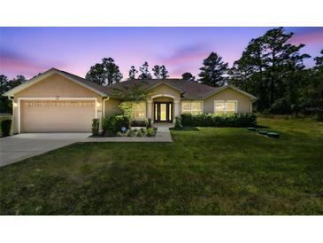 Inviting home with mature landscaping, well-manicured lawn, and attached two-car garage at 11165 Little Gull Rd, Weeki Wachee, FL 34614
