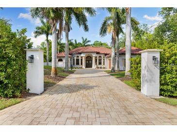 Stunning exterior of home with a tile roof, arched entryway, and palm tree lined paver driveway at 17347 Linda Vista Cir, Lutz, FL 33548