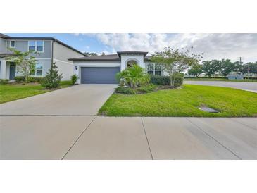 Charming home featuring a well-manicured lawn, gray two-car garage and delightful landscaping at 36959 Highland Meadows Ct, Zephyrhills, FL 33542