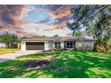 Charming home featuring a lush green lawn, mature tree, and a two-car garage at 3629 Lake Breeze Dr, Land O Lakes, FL 34639
