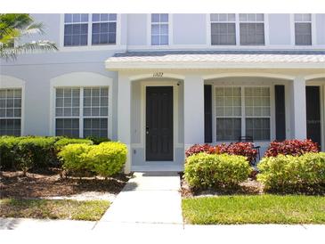 Inviting townhome entrance with manicured landscaping and a charming, covered front door at 11622 Declaration Dr, Tampa, FL 33635