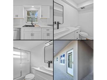 A collage featuring a modern kitchen with white cabinetry and sleek bathrooms with contemporary fixtures at 1225 58Th N St # 204A, St Petersburg, FL 33710