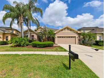Charming single-story home with manicured front lawn, mature landscaping, and two-car garage at 3254 Grassglen Pl, Wesley Chapel, FL 33544