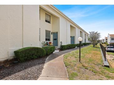 Exterior view of a modern townhome with a blue front door and well-maintained landscaping at 4306 La Mora Ct, Tampa, FL 33611