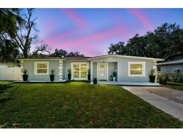 Charming single-story home with well-maintained lawn and landscaping, set against a lovely pink and blue twilight sky at 6914 N Ola Ave, Tampa, FL 33604