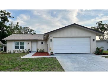 Charming single-story home featuring a two-car garage, well-maintained lawn and simple, yet attractive landscaping at 10627 Mira Vista Dr, Port Richey, FL 34668