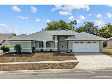 Charming single-story home with a well-maintained lawn, two car garage, and a quaint, welcoming entrance at 1247 Venetia Dr, Spring Hill, FL 34608