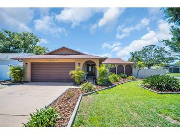 Charming single-story home with a well-maintained lawn, mature landscaping, and a two-car garage at 2597 Bramblewood E Dr, Clearwater, FL 33763