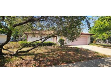 Charming single-story home with a well-maintained front yard and a two car garage, offering curb appeal at 8623 Stonehedge Way, Hudson, FL 34667