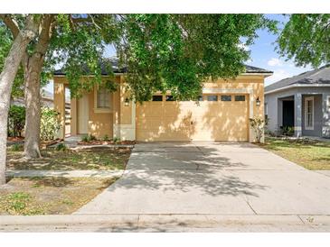Exterior view of the house featuring a 2 car garage with exterior lights, driveway, and lush front yard with mature trees at 8420 Deer Chase Dr, Riverview, FL 33578