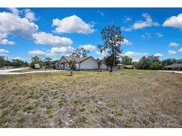 Suburban home on large lot featuring an American flag and mature trees against a partly cloudy blue sky at 2360 Sutton Pl, Spring Hill, FL 34608