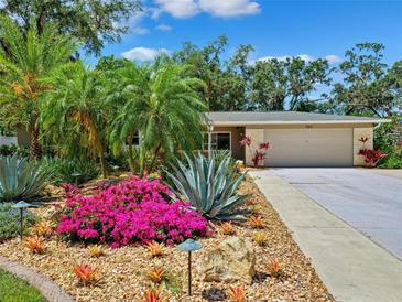 Beautiful front yard with colorful flowers, palm trees, and a well-maintained lawn at 505 S Larry Cir, Brandon, FL 33511