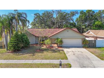Well-maintained single-Gathering home with mature trees and landscaping on a sunny day at 1623 Carter Oaks Dr, Valrico, FL 33596