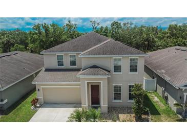 Two-story home with a well-manicured lawn and complemented by landscaping, a driveway and an attached two-car garage at 12150 Ledbury Commons Dr, Gibsonton, FL 33534