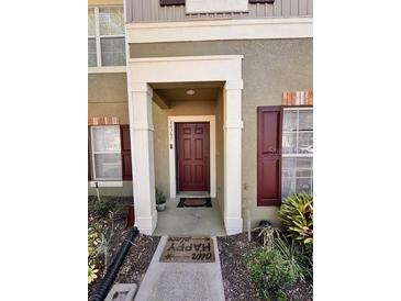 Inviting front entrance features a dark-red door and a decorative welcome mat at 12367 Foxmoor Peak Dr, Riverview, FL 33579