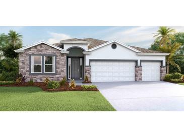 Charming single-Gathering home showcasing a stone facade and a well-manicured lawn at 10657 Bridgegate Heights Loop, San Antonio, FL 33576