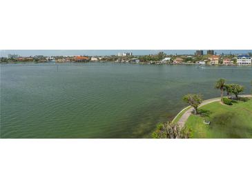Scenic waterfront view featuring calm water, a distant cityscape, and lush green trees in the foreground at 7912 Sailboat Key S Blvd # 508, South Pasadena, FL 33707