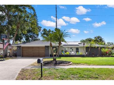 Charming single-story home boasts a well-maintained lawn, palm trees, and a neutral color scheme at 820 Hickory Ln, Palm Harbor, FL 34683