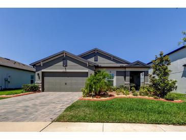 Charming single-story home with a well-manicured lawn and a brick driveway at 12407 Hilltop Farms Dr, Dade City, FL 33525