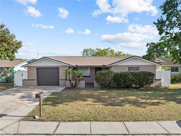 Charming single-story home featuring a well-kept lawn and a gray, one-car garage at 9218 Glen Moor Ln, Port Richey, FL 34668