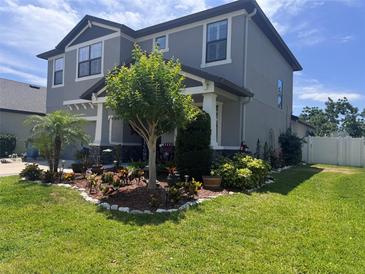 Beautifully landscaped yard featuring a decorative tree, mulch beds and manicured grass around the property at 11219 Paddock Manor Ave, Riverview, FL 33569