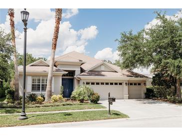 Charming single-Gathering home with a well-manicured lawn and a three-car garage on a sunny day at 8338 Old Town Dr, Tampa, FL 33647