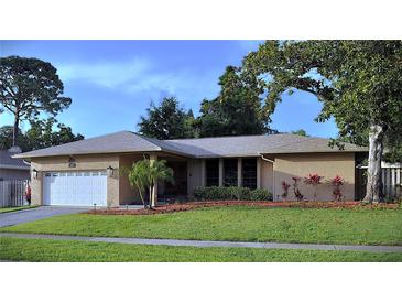 Charming single-story home with a well-maintained lawn, attached garage, and mature landscaping at 915 Rolling Hills Dr, Palm Harbor, FL 34683