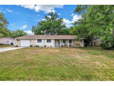 Charming single-story home with a covered porch and a swing, set in a lush, green front yard under a sunny sky at 3753 Hollow Oak Pl, Land O Lakes, FL 34639