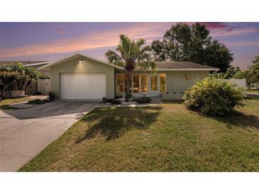 Charming single-story home with a well-manicured lawn, palm tree and a two-car garage at 1003 Carol Ann Pl, Dunedin, FL 34698