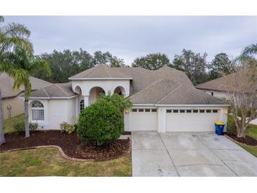 Charming home featuring a three-car garage, arched entrance, and well-maintained landscaping at 21215 Tyrell Way, Land O Lakes, FL 34638