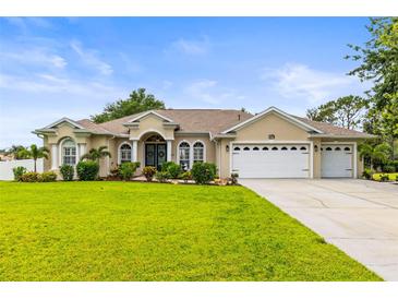 Beautiful single-story home featuring a well-manicured lawn, tropical landscaping, and a three-car garage at 4615 Cozzo Dr, Land O Lakes, FL 34639