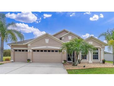 Charming one-story home with a 3-car garage, well-maintained landscaping, and tropical palm trees at 10911 Rockledge View Dr, Riverview, FL 33579