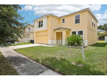 Inviting two-story home with a well-manicured lawn and attached two-car garage at 13506 Copper Belly Ct, Riverview, FL 33569