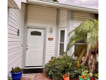 Charming home featuring a decorative front door, lush landscaping, and a vibrant palm tree at 840 Franklin Cir, Palm Harbor, FL 34683