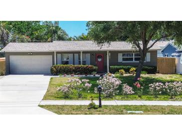 Charming single-story home with a well-manicured lawn, bright red front door, and attached garage at 8497 137Th St, Seminole, FL 33776