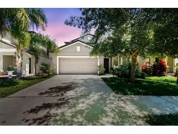 Two-story home featuring a neutral gray exterior, two-car garage, well-manicured lawn and mature landscaping at 10148 Rose Petal Pl, Riverview, FL 33578