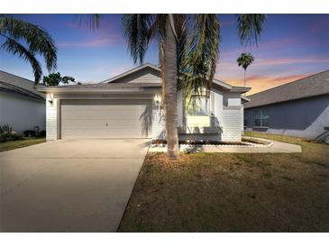 Charming home featuring a two-car garage and a well-manicured lawn with mature palm trees at 518 Royal Ridge St, Valrico, FL 33594