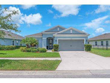 Charming single-story home featuring a well-manicured lawn, lush landscaping, and a two-car garage at 5539 Silver Sun Dr, Apollo Beach, FL 33572