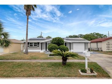 Charming single-story home featuring a manicured lawn, solar panels, and inviting curb appeal at 1516 Roundtree Rd, Holiday, FL 34690