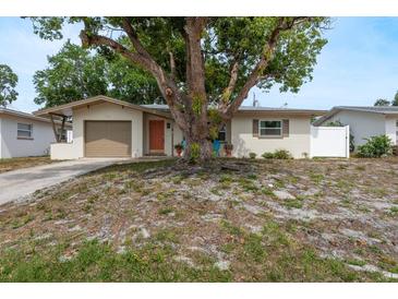 Charming single-story home featuring a well-maintained lawn and a large mature shade tree in the front yard at 2153 Pocahontas Dr, Largo, FL 33774