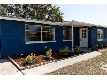 Charming single-story home featuring a blue exterior, well-maintained landscaping, and a welcoming front entrance at 3530 Umber Rd, Holiday, FL 34691